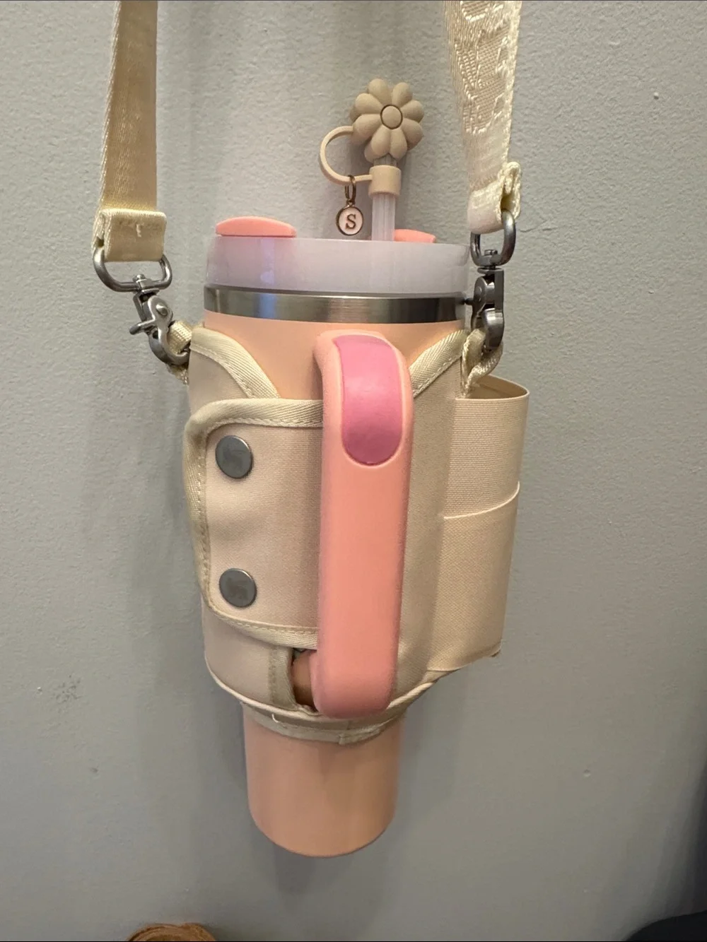 Stanley Cream and Pink Crossbody Bottle Carrier with Adjustable Strap